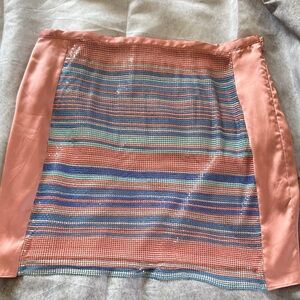 Ramy Brook Coral Mini Skirt with Multicolor Stripe Mesh
